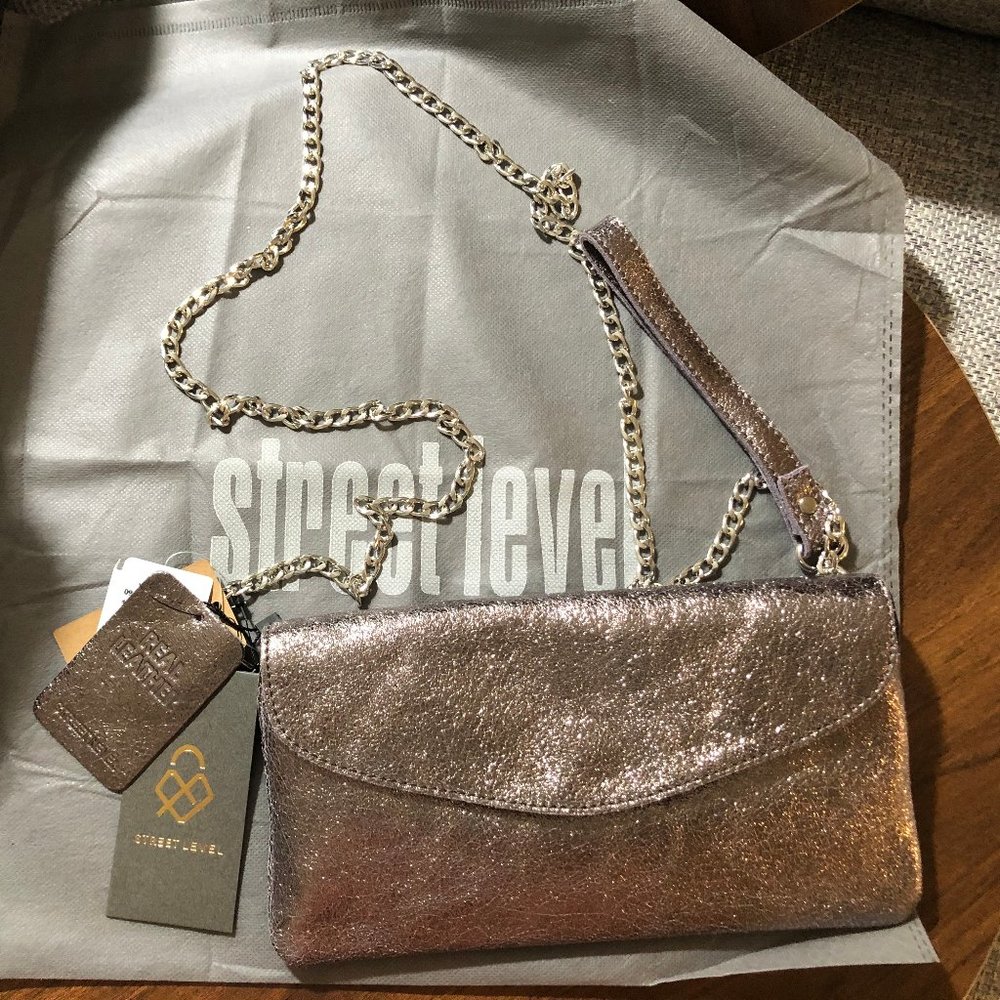 New Street Level ​Metallic Leather Cross-body Bag  Color: Pewter